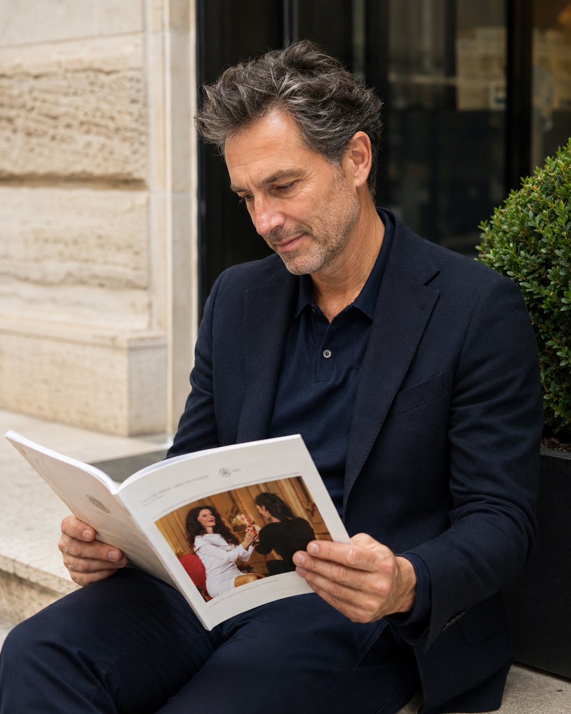 Gepflegter Mann um die 50 im dunkelblauen Sakko liest entspannt ein Magazin im hellen Tageslicht vor einer klassischen Fassade – Sinnbild für datenbasierte Longevity-Medizin für Männer. Model, kein Patient.