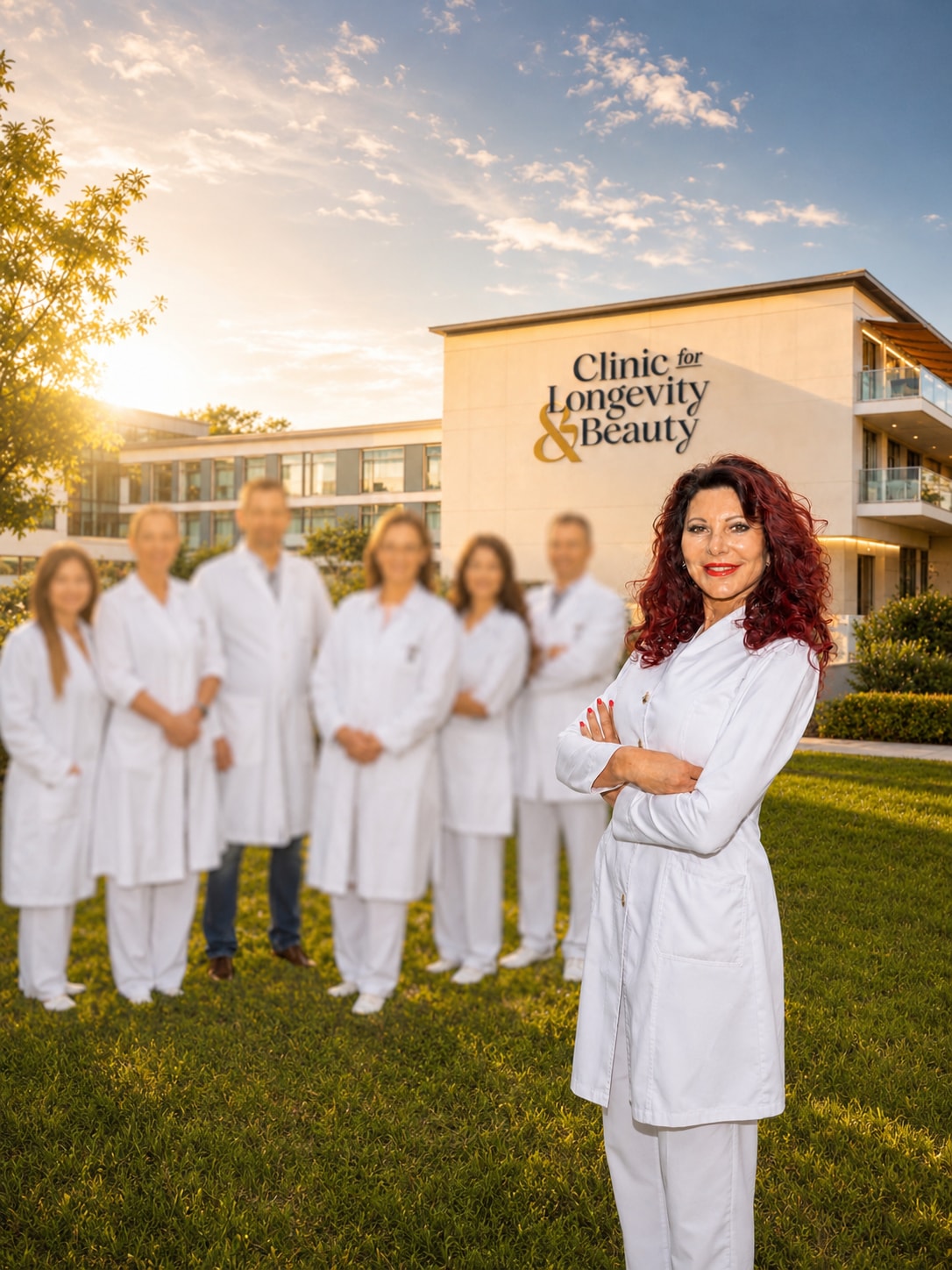 Dr. Karin Braun de Praun mit ihrem Ärzteteam vor dem Gebäude der Clinic for Longevity & Beauty in Graz, mit Klinik-Beschilderung an der Fassade, im warmen Abendlicht