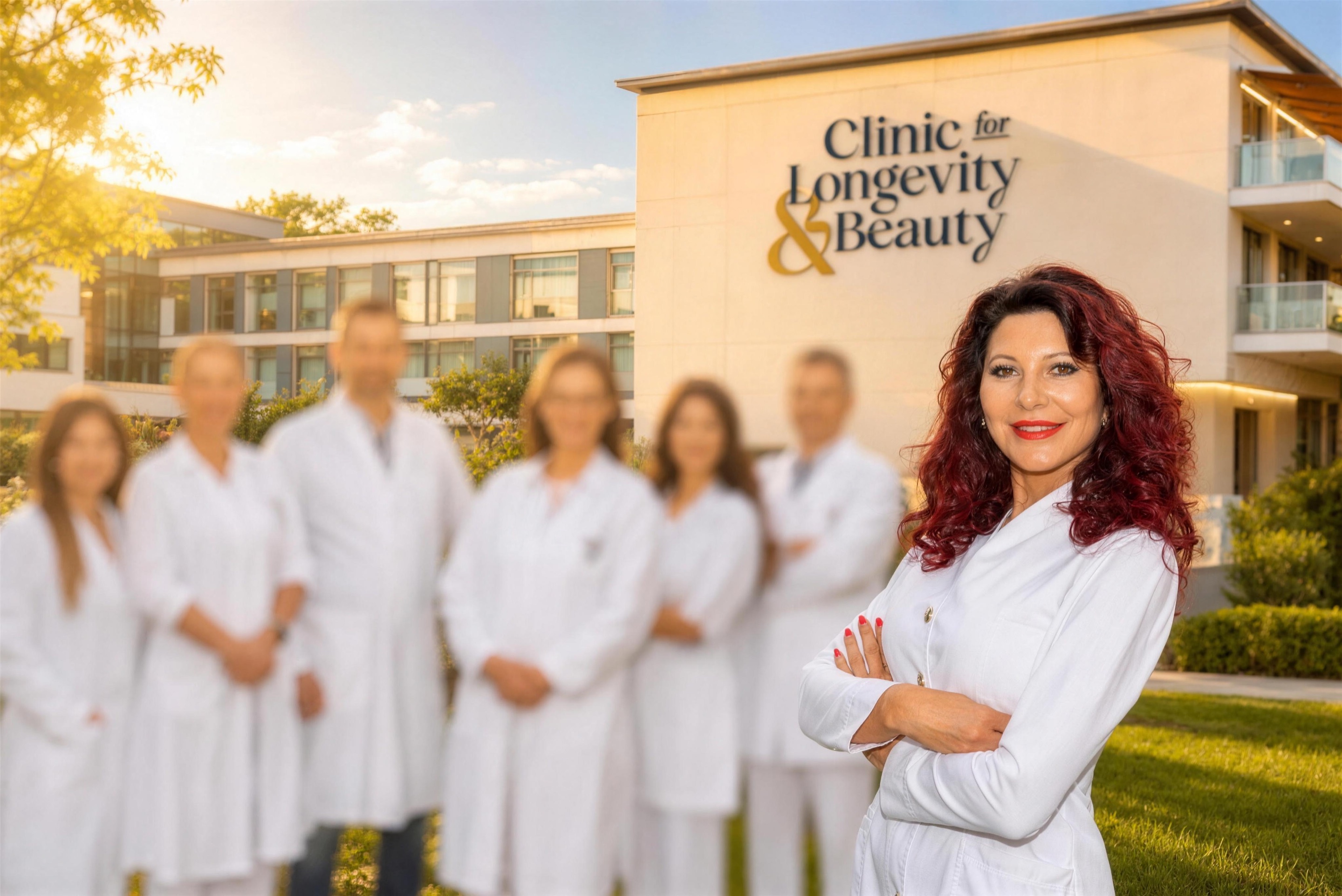 Dr. Karin Braun de Praun mit ihrem Ärzteteam vor dem Gebäude der Clinic for Longevity & Beauty in Graz, mit Klinik-Beschilderung an der Fassade, im warmen Abendlicht