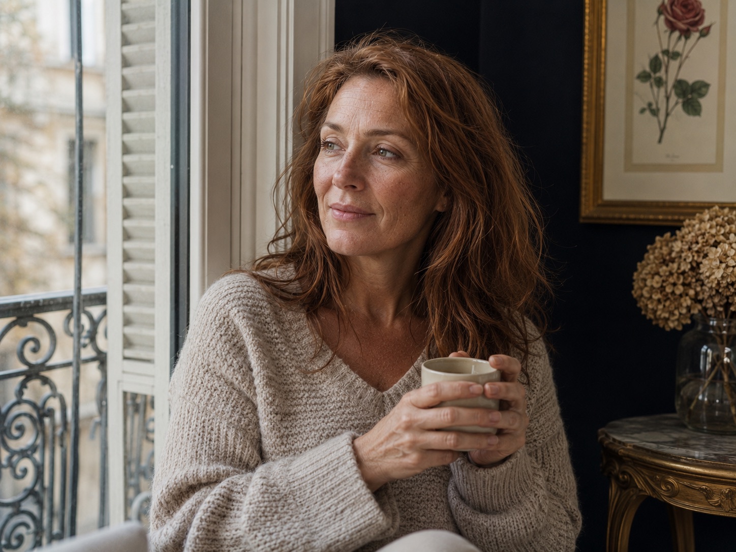 Frau sitzt mit einer Tasse müde am Fenster und blickt nachdenklich hinaus – Sinnbild dafür, wie Mikrobiom, Stoffwechsel und Energie Müdigkeit und Gewicht beeinflussen. Model.